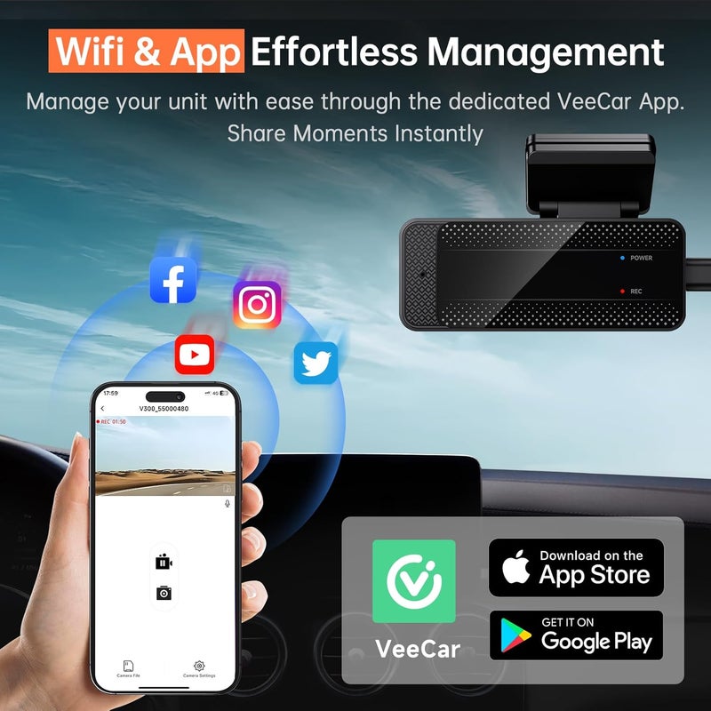 Veement Dash Cam 1296P Front Dashcam, V300 WiFi Dash Camera for Cars with App, Night Vision, Mini Hidden Single Car Camera, Loop Recording, 24H Parking Mode, Support 256GB Max, Black - Image 4